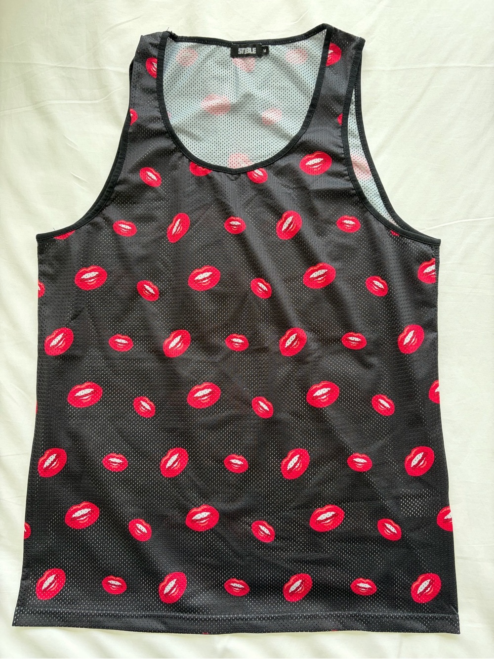 Men’s Black Mesh Swim Tank with Red Lip Print by STEELE